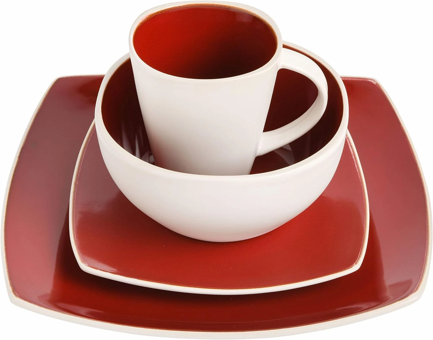 Gibson Soho Lounge Square Reactive Glaze Stoneware Dinnerware Set, Service for 4 (16pc), Red/White