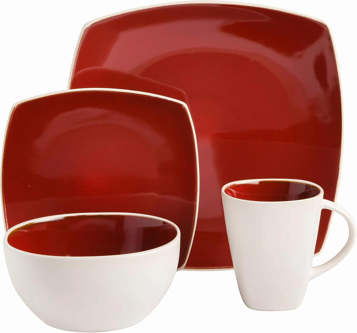 Gibson Soho Lounge Square Reactive Glaze Stoneware Dinnerware Set, Service for 4 (16pc), Red/White
