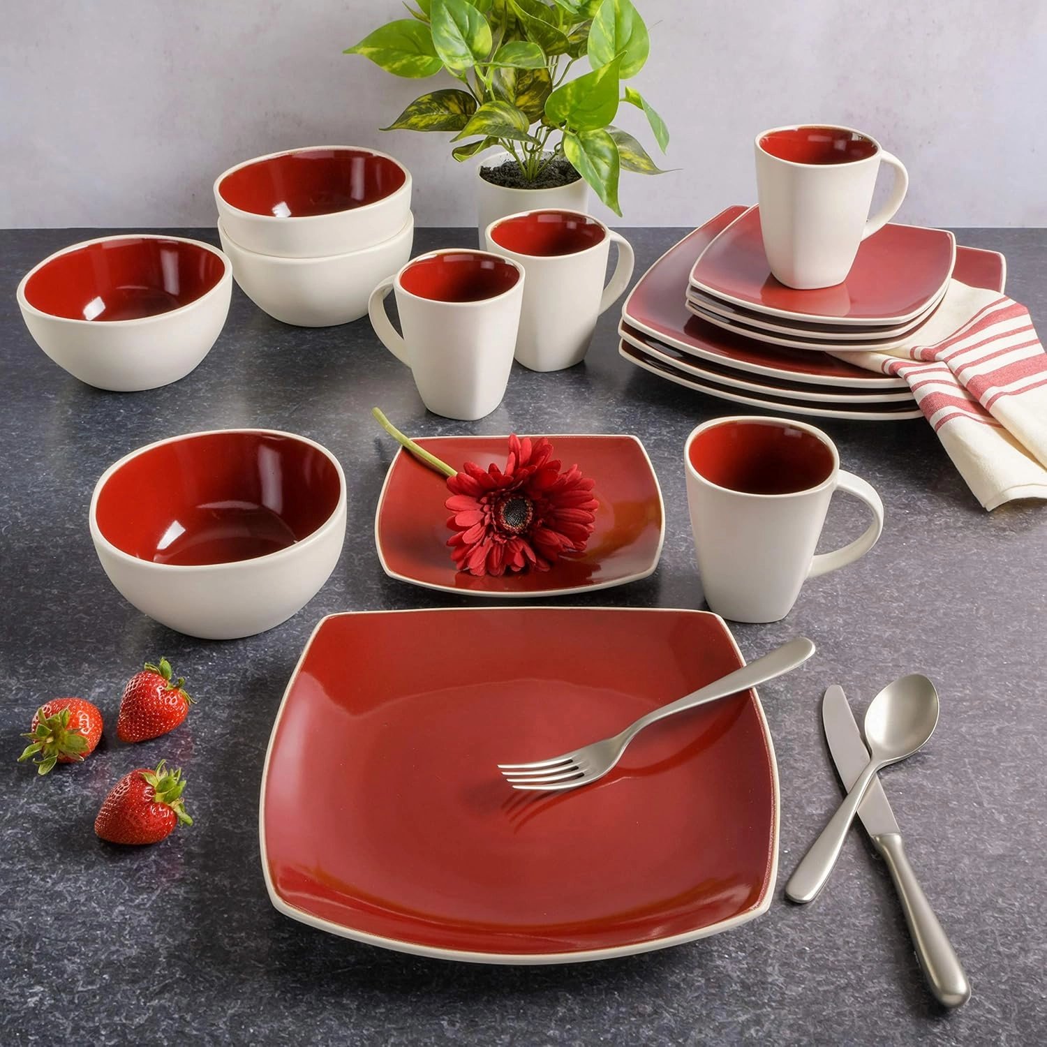 Gibson Soho Lounge Square Reactive Glaze Stoneware Dinnerware Set, Service for 4 (16pc), Red/White