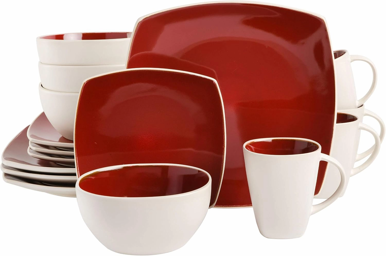 Gibson Soho Lounge Square Reactive Glaze Stoneware Dinnerware Set, Service for 4 (16pc), Red/White