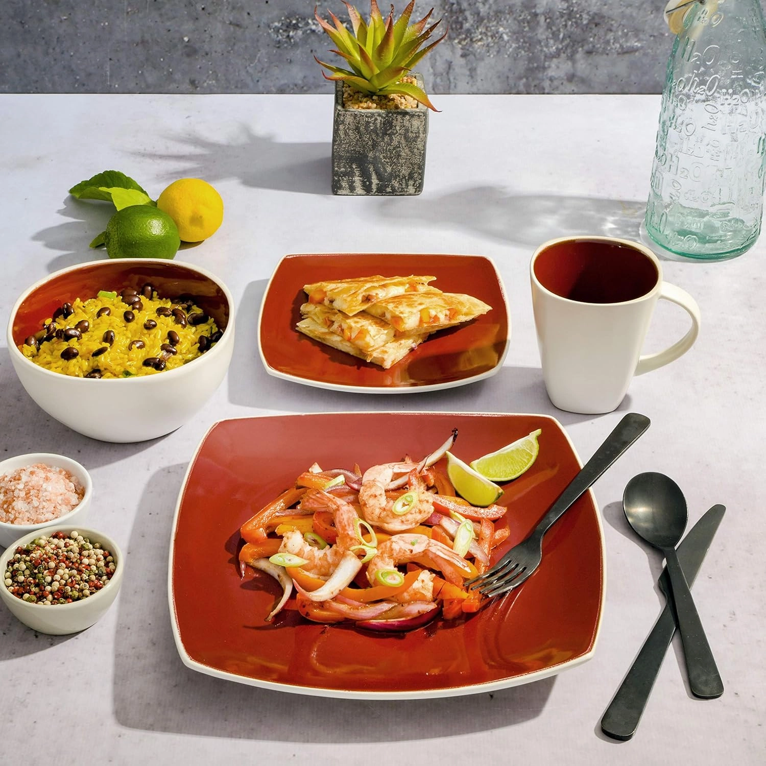 Gibson Soho Lounge Square Reactive Glaze Stoneware Dinnerware Set, Service for 4 (16pc), Red/White