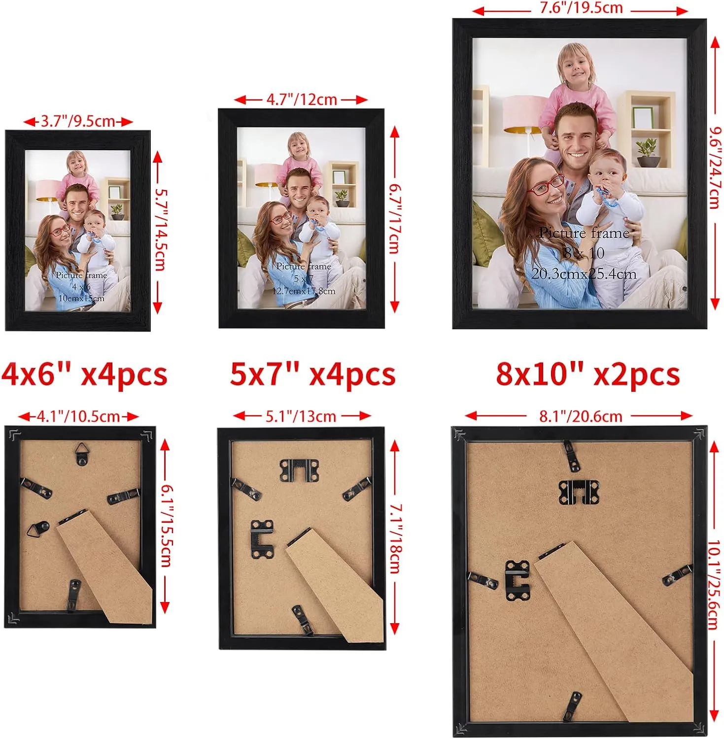Giftgarden 10-Pack Black Picture Frames for Multiple Sizes Photos, Two 8x10, Four 5x7, Four 4x6, Multi Assorted Photo Frame for Collage Wall or Tabletop Display