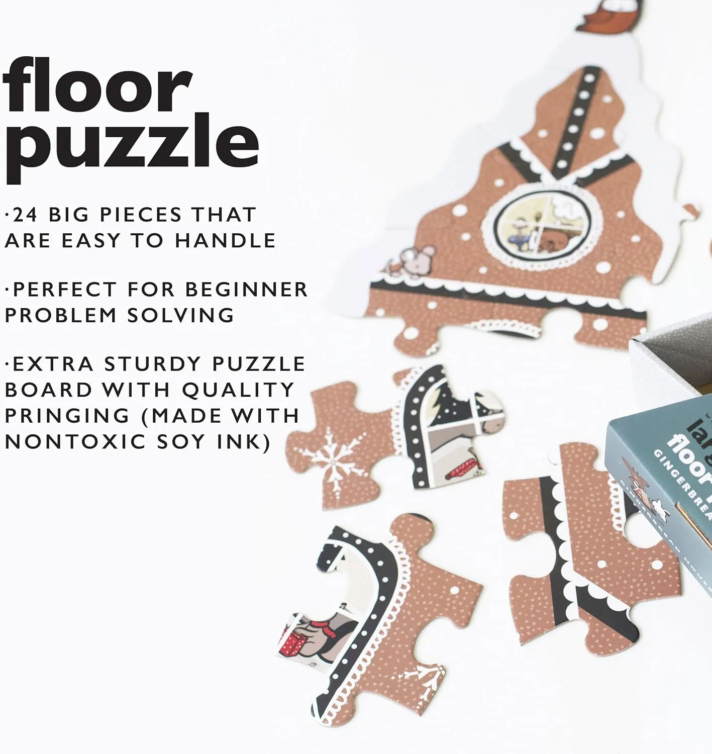 Gingerbread House Floor Puzzle, 24 Large Pieces, Winter Holiday Animals, Traditional Decoration, Learning Activity Toy, Brain Games, Train Motor Skills, Puzzles for Preschool, Toddler, Children, Kids