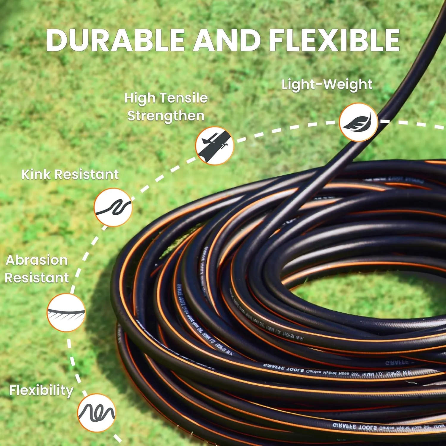 Giraffe Tools Garden Hose 100ft x 5/8", Water Hose Heavy Duty, Flexible, Lightweight Hybrid Hose with Swivel Handle, Male to Female Fittings, Burst 600 PSI