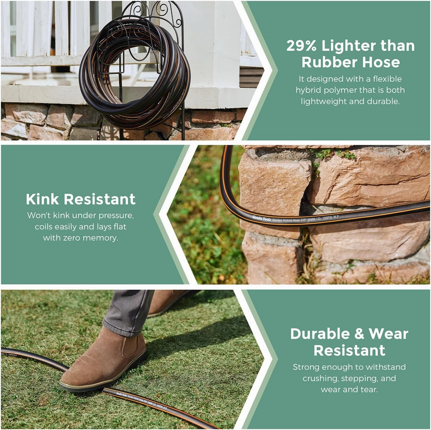 Giraffe Hybrid Garden Hose 5/8" x 75ft, Custom Length, NO Kink, Flexible, Leakproof Hose with Male to Female Fittings, 600 Burst PSI