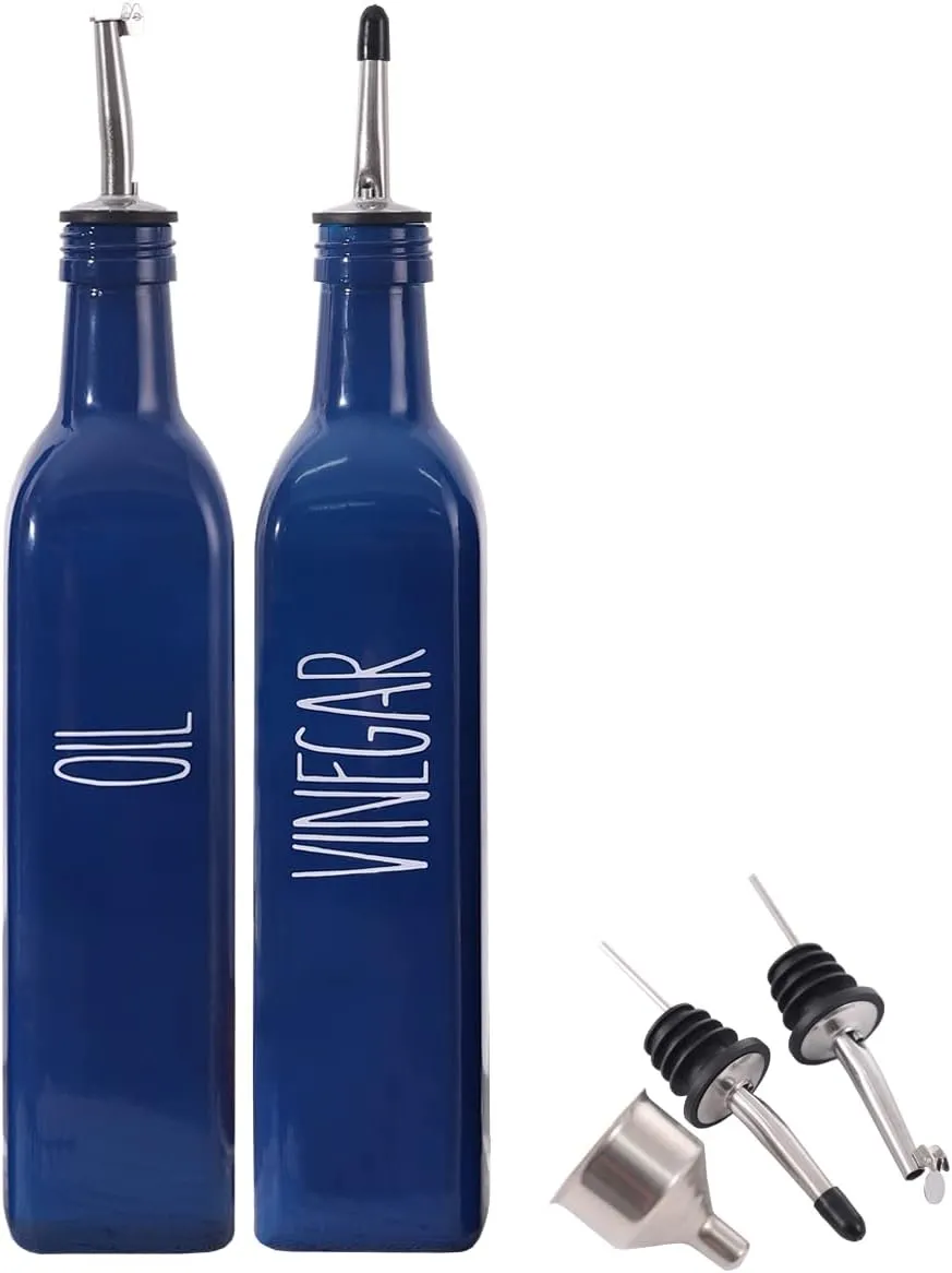 Glass Oil and Vinegar Dispenser Set for Kitchen, 17oz Olive Oil Bottle With Pour Spout, Farmhouse Decor, Navy Blue (2 Blue)