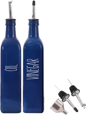 Glass Oil and Vinegar Dispenser Set for Kitchen, 17oz Olive Oil Bottle With Pour Spout, Farmhouse Decor, Navy Blue (2 Blue)