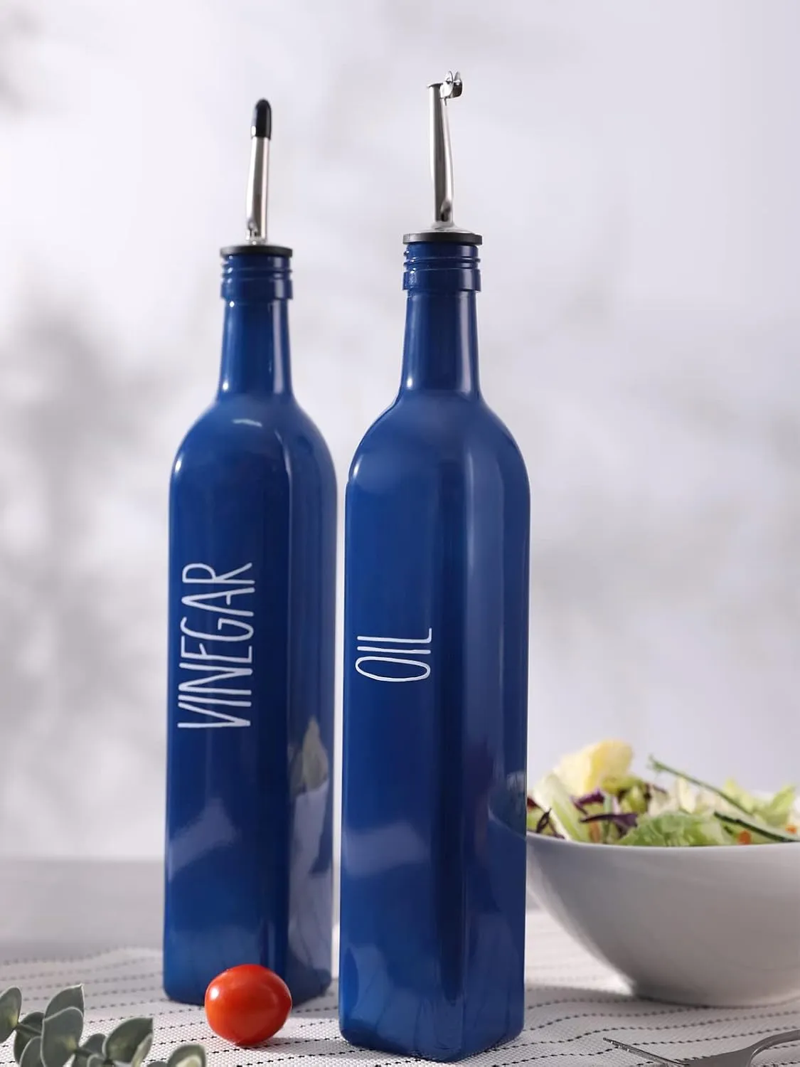 Glass Oil and Vinegar Dispenser Set for Kitchen, 17oz Olive Oil Bottle With Pour Spout, Farmhouse Decor, Navy Blue (2 Blue)
