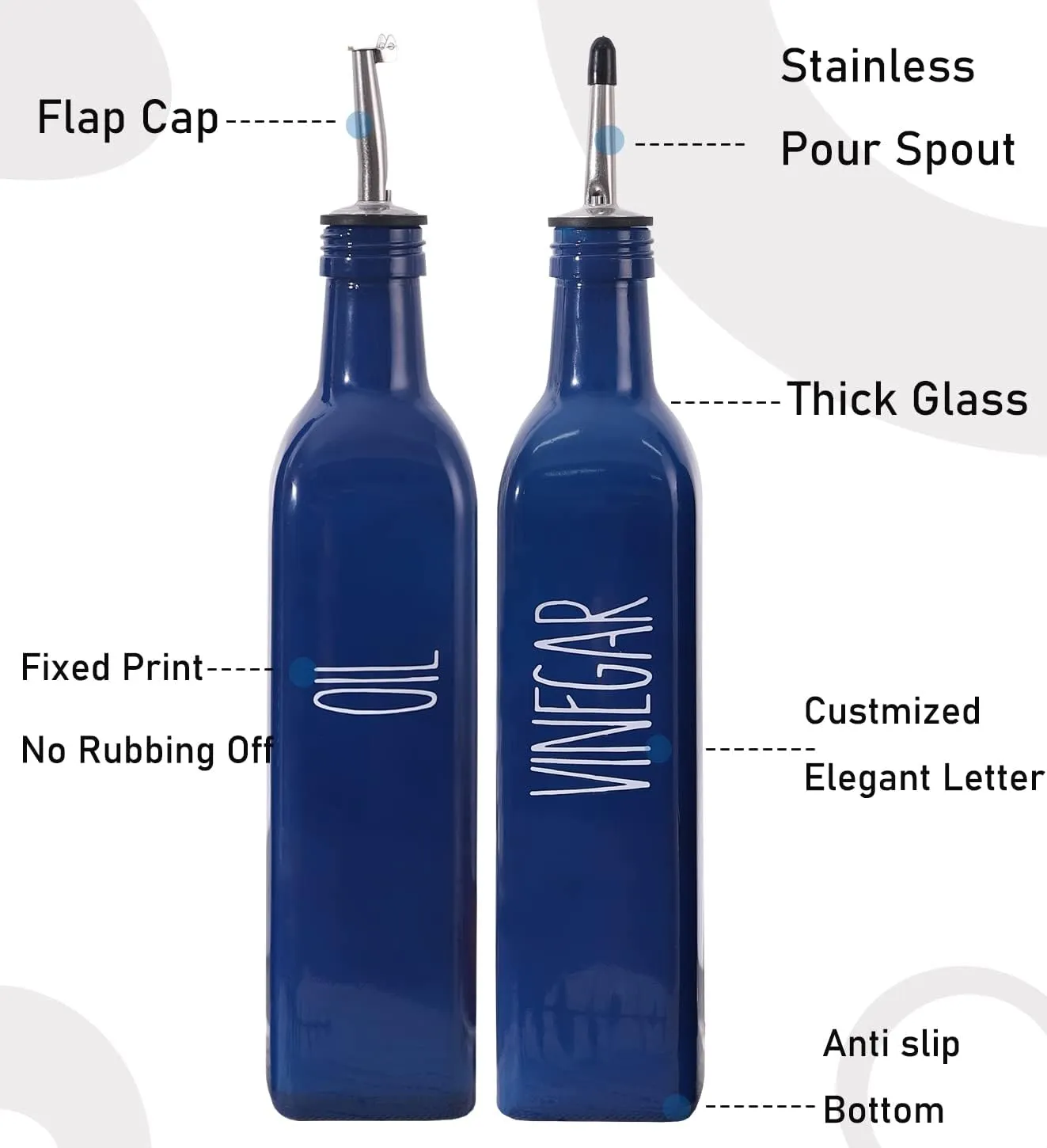 Glass Oil and Vinegar Dispenser Set for Kitchen, 17oz Olive Oil Bottle With Pour Spout, Farmhouse Decor, Navy Blue (2 Blue)