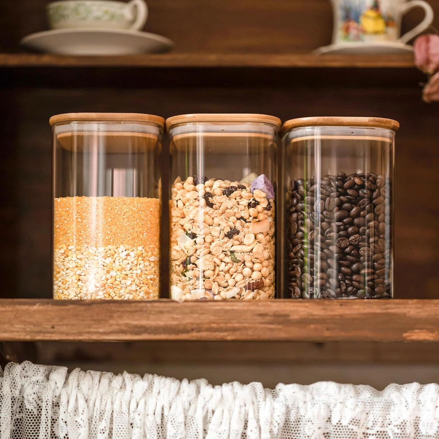 Glass Food Storage Jars 37 oz Set of 6,Glass Storage Containers Clear Glass Food Canister with Bamboo Lid Airtight For Serving Tea, Coffee, Flour, Sugar, Candy, Cookie, Spice and More (Square)