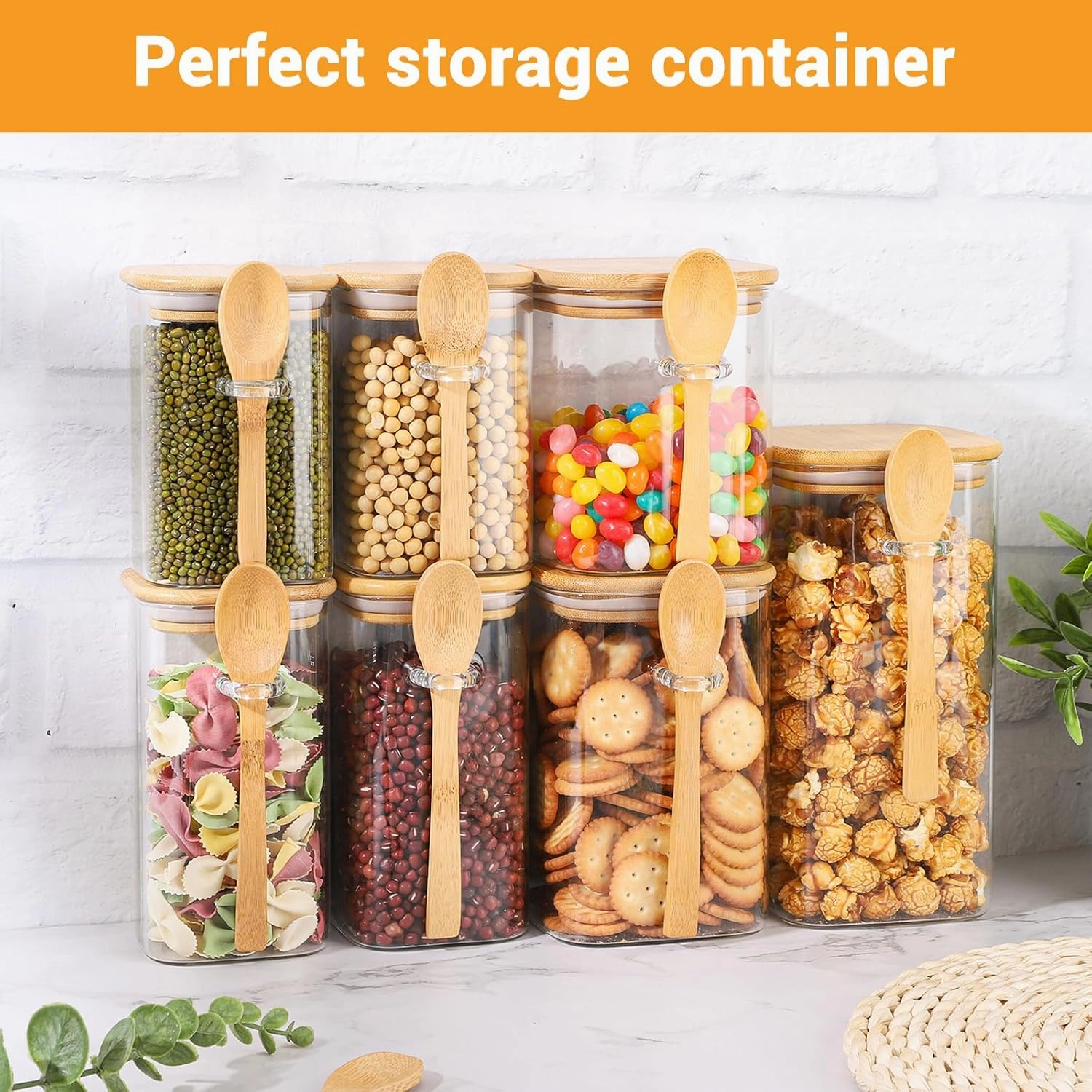 Glass Jars with Bamboo Lids and Spoons - 4 Pack 28 Fl.oz Square Glass Canisters with Airtight Lid, Includes Labels and Marker, Flour Sugar Storage Containers for Cereal, Tea, Snacks, Pantry