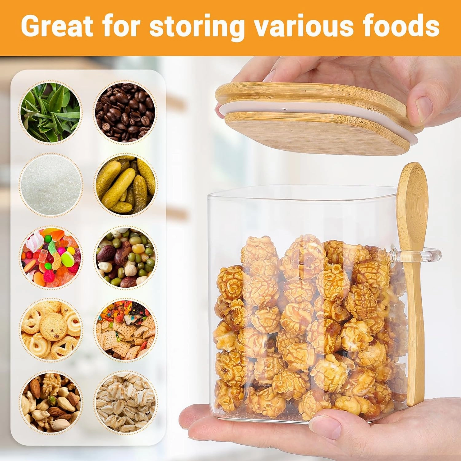 Glass Jars with Bamboo Lids and Spoons - 4 Pack 28 Fl.oz Square Glass Canisters with Airtight Lid, Includes Labels and Marker, Flour Sugar Storage Containers for Cereal, Tea, Snacks, Pantry