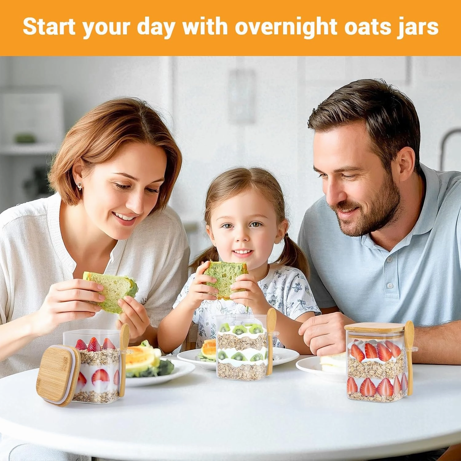 Glass Jars with Bamboo Lids and Spoons - 4 Pack 28 Fl.oz Square Glass Canisters with Airtight Lid, Includes Labels and Marker, Flour Sugar Storage Containers for Cereal, Tea, Snacks, Pantry