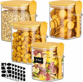 Glass Jars with Bamboo Lids and Spoons - 4 Pack 28 Fl.oz Square Glass Canisters with Airtight Lid, Includes Labels and Marker, Flour Sugar Storage Containers for Cereal, Tea, Snacks, Pantry
