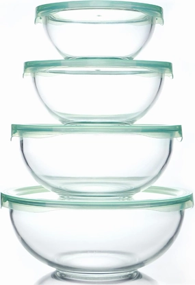 Glass Mixing Bowl with Lids Set of 4,(1,1.5,2.5,3.7)Large Salad Bowl,Space-Saving Stacking Bowl for Kitchen Food Storage,Glass bowl for Cooking,Baking