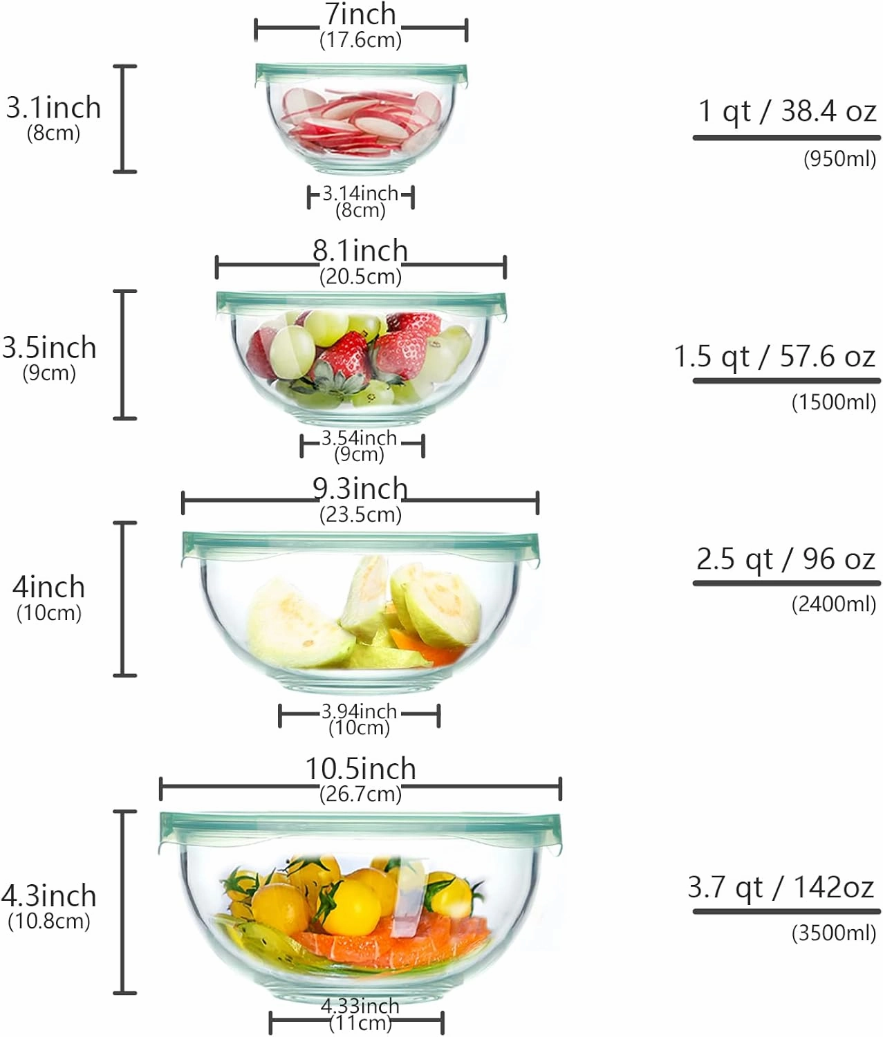 Glass Mixing Bowl with Lids Set of 4,(1,1.5,2.5,3.7)Large Salad Bowl,Space-Saving Stacking Bowl for Kitchen Food Storage,Glass bowl for Cooking,Baking