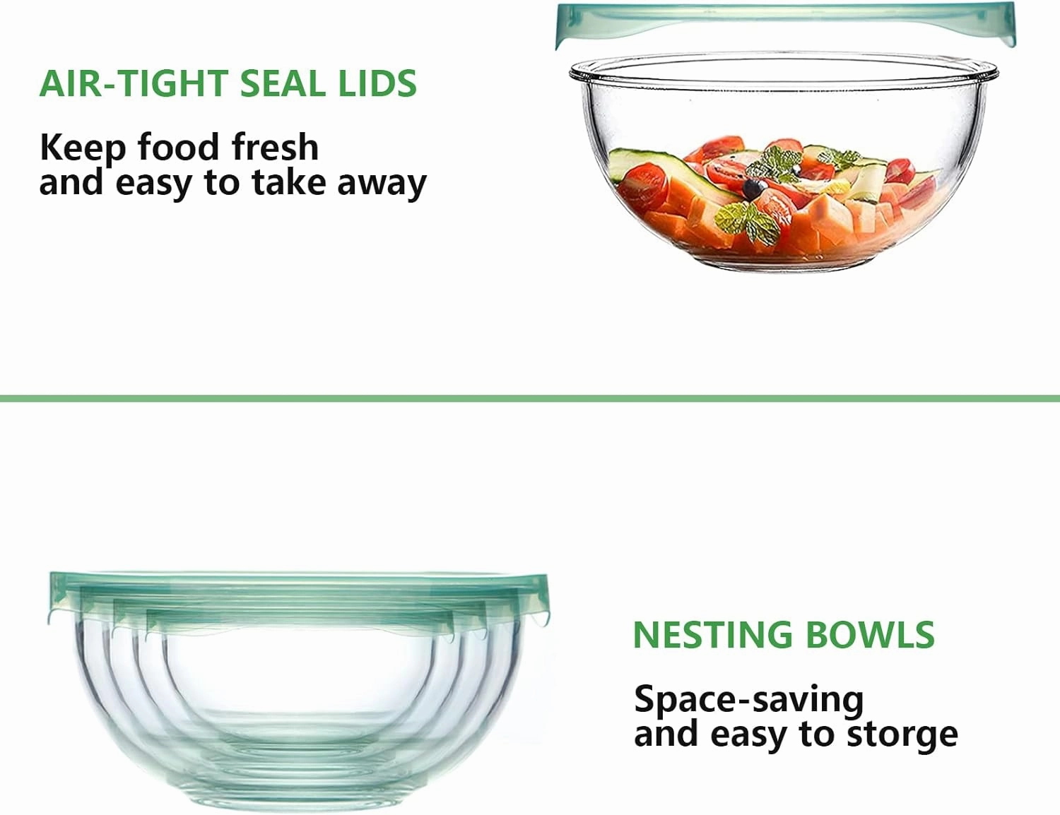 Glass Mixing Bowl with Lids Set of 4,(1,1.5,2.5,3.7)Large Salad Bowl,Space-Saving Stacking Bowl for Kitchen Food Storage,Glass bowl for Cooking,Baking