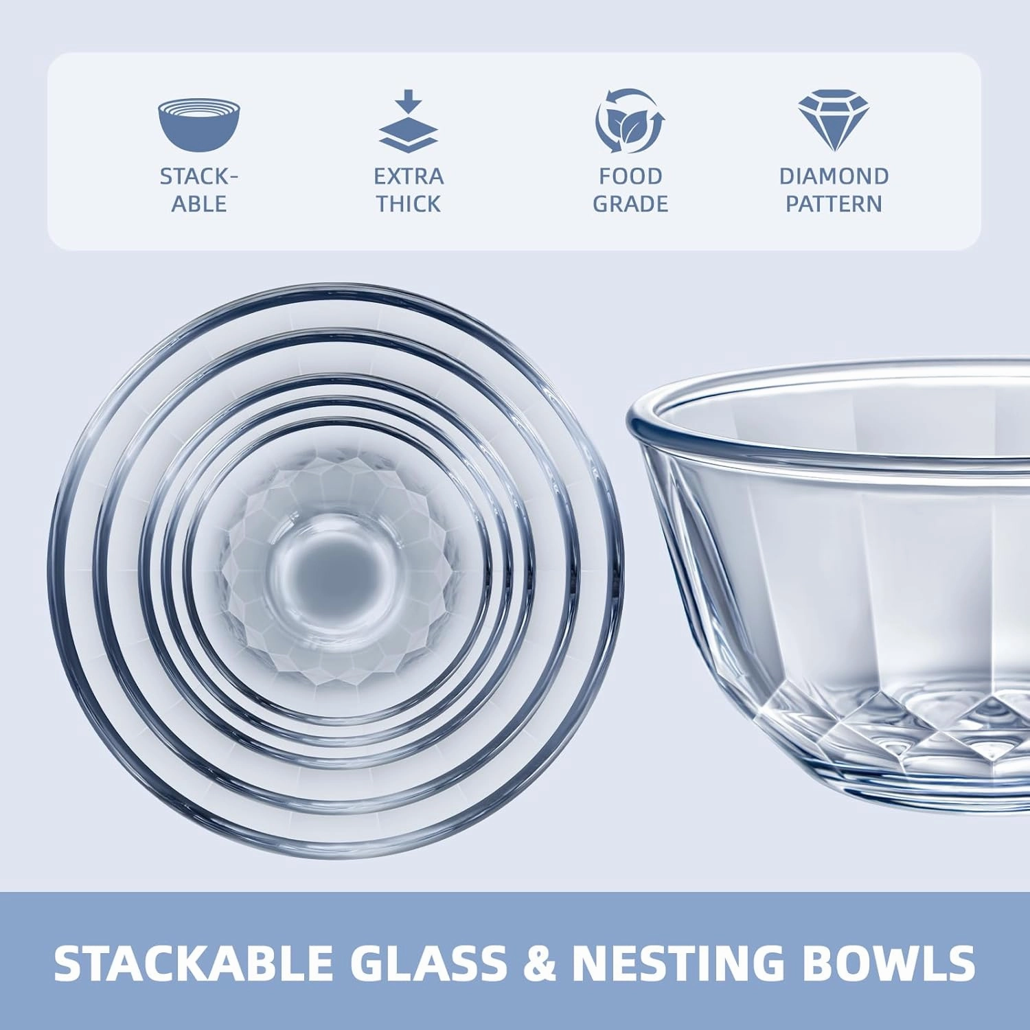 Glass Mixing Bowls with Lids Set of 5（4.70QT,2.85QT, 1.69QT,1.11QT,0.85QT,Glass Bowls with Lids,Large Salad Bowls Space-Saving Nesting for Cooking,Baking,Prepping,Dishwasher Safe
