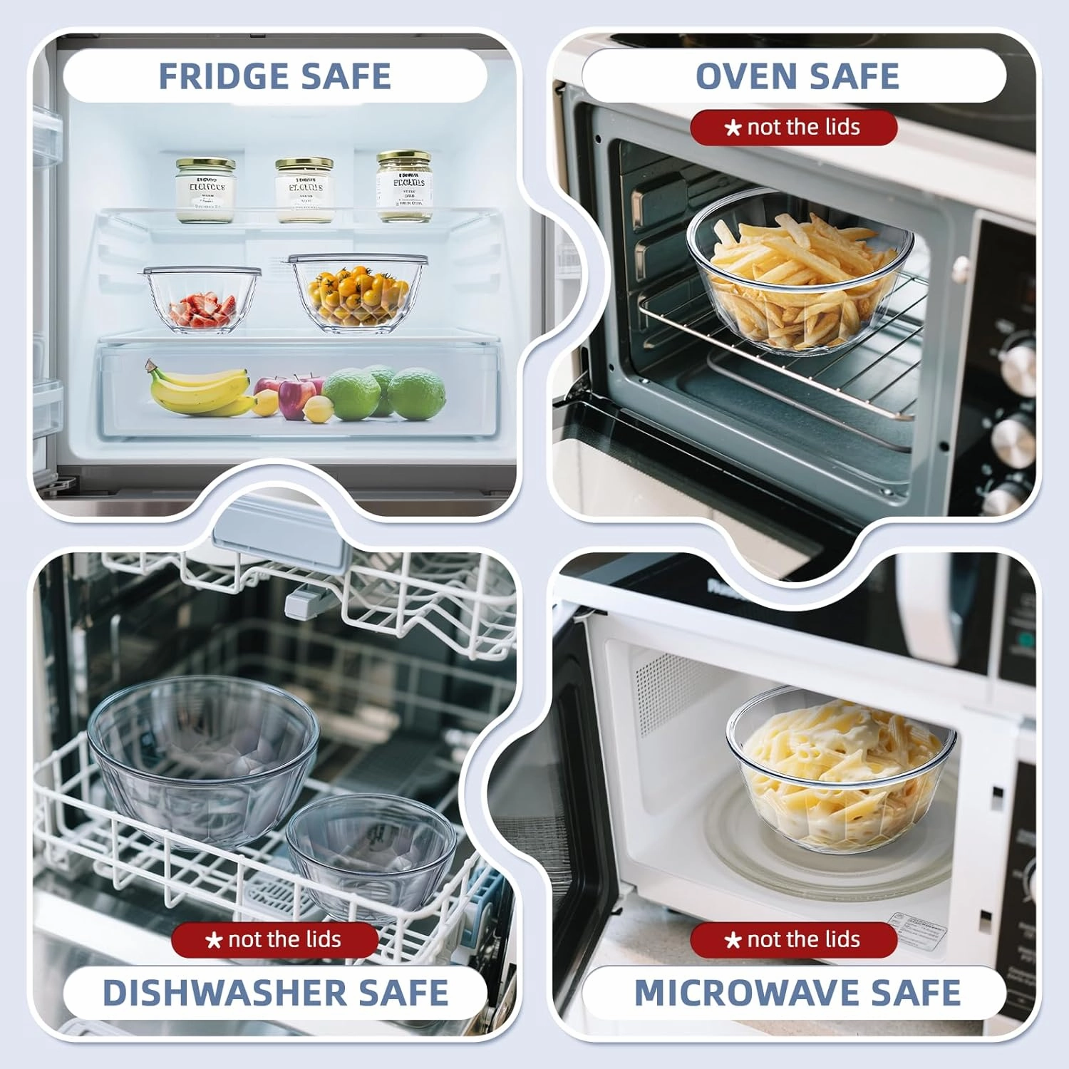 Glass Mixing Bowls with Lids Set of 5（4.70QT,2.85QT, 1.69QT,1.11QT,0.85QT,Glass Bowls with Lids,Large Salad Bowls Space-Saving Nesting for Cooking,Baking,Prepping,Dishwasher Safe