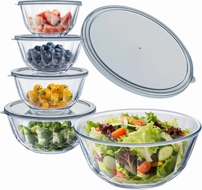 Glass Mixing Bowls with Lids Set of 5（4.70QT,2.85QT, 1.69QT,1.11QT,0.85QT,Glass Bowls with Lids,Large Salad Bowls Space-Saving Nesting for Cooking,Baking,Prepping,Dishwasher Safe