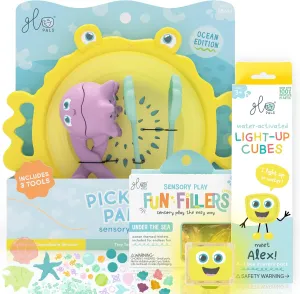 Glo Pals Fine Motor Tools Sensory Play Pack Bundle with Pick-Up Pals Sensory Tools, Yellow Alex Light-Up Cubes, & Under The Sea Fun Fillers (Fun in The Sun)