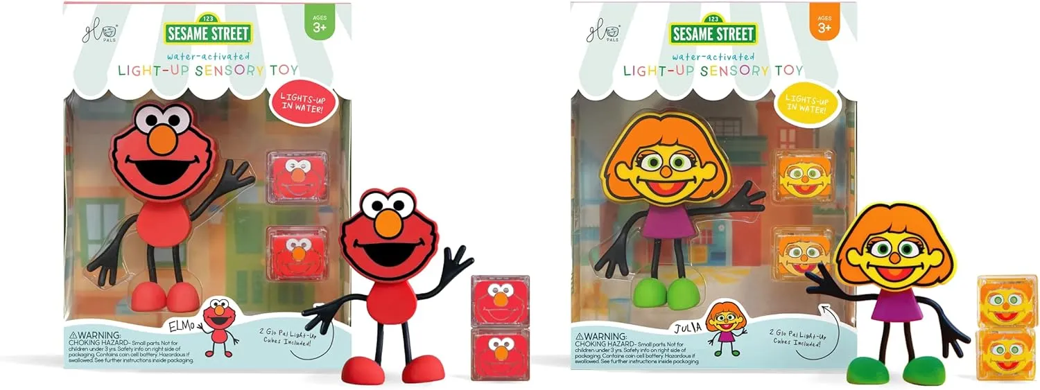 Glo Pals x Sesame Street Elmo   Julia Water-Activated Bath Toys with 12 Reusable Light-Up Cubes (6 Elmo, 6 Julia) for Sensory Play