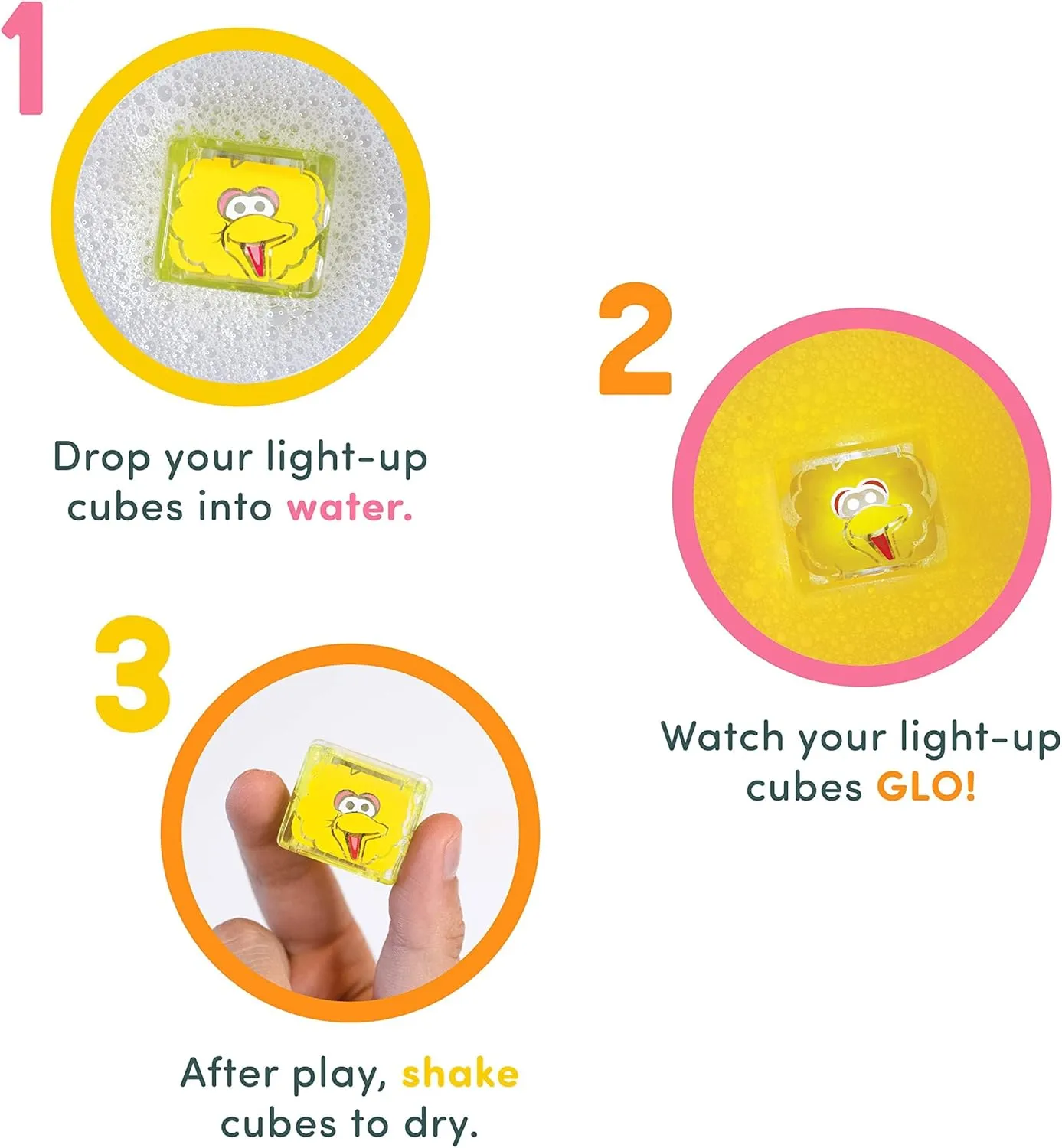 Glo Pals x Sesame Street Water-Activated Bath Toy with 6 Reusable Light-Up Cubes for Sensory Play (Big Bird, Cubes with Character)