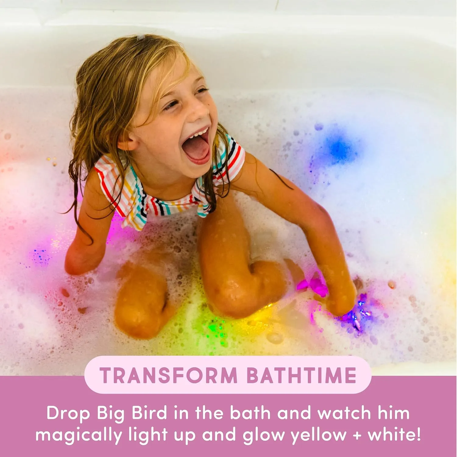 Glo Pals x Sesame Street Water-Activated Bath Toy with 6 Reusable Light-Up Cubes for Sensory Play (Big Bird, Cubes with Character)