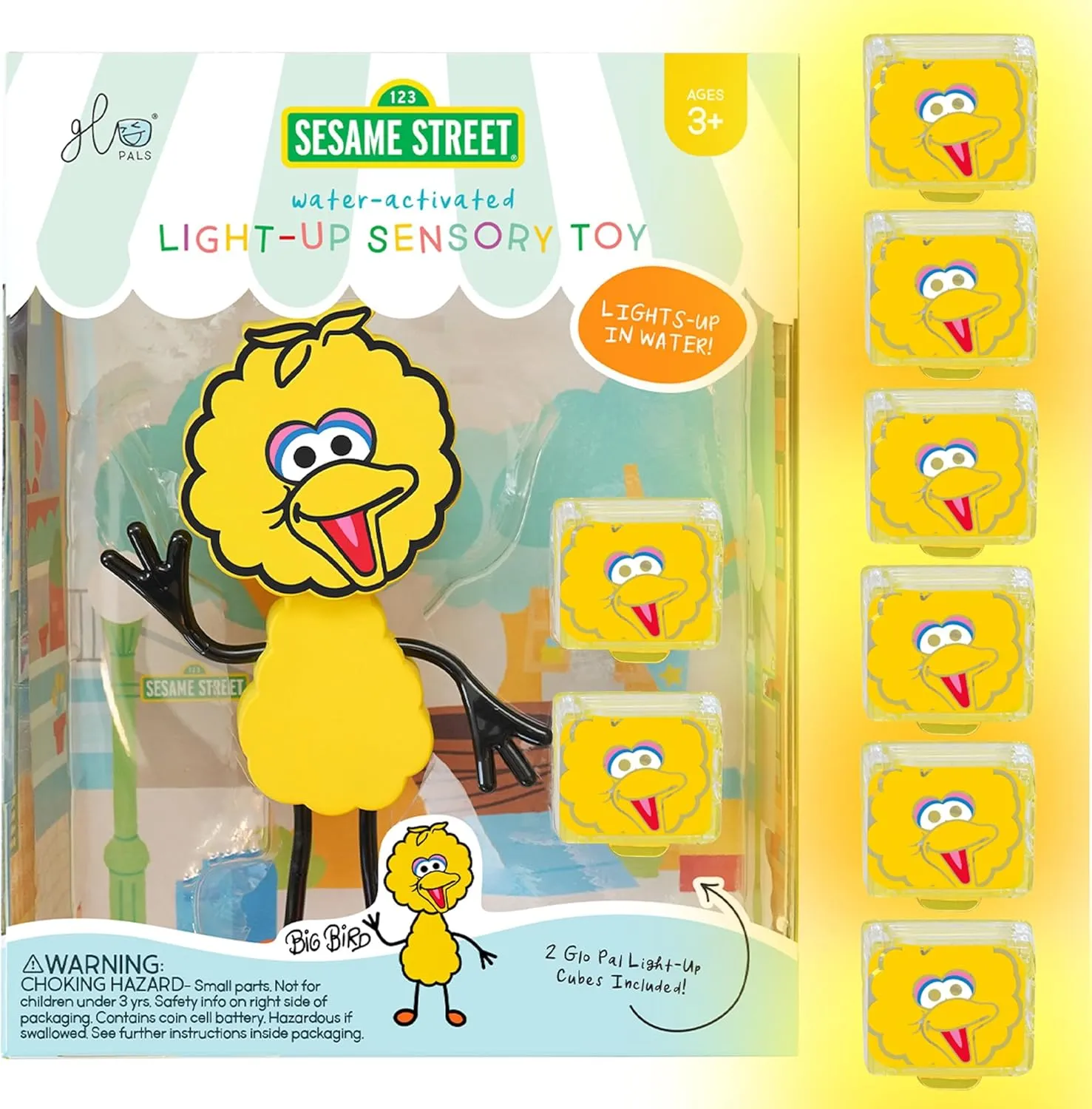 Glo Pals x Sesame Street Water-Activated Bath Toy with 6 Reusable Light-Up Cubes for Sensory Play (Big Bird, Cubes with Character)