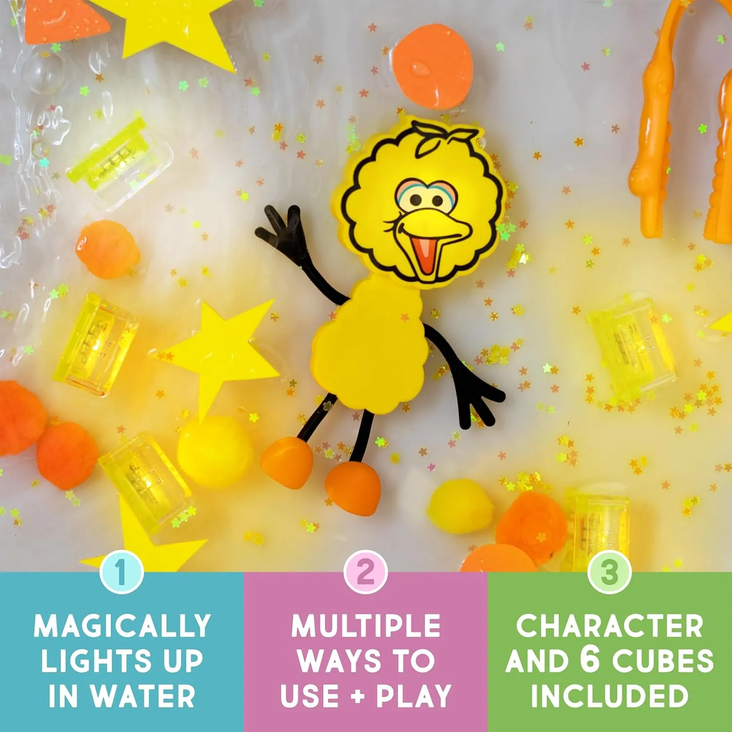 Glo Pals x Sesame Street Water-Activated Bath Toy with 6 Reusable Light-Up Cubes for Sensory Play (Big Bird, Cubes with Character)