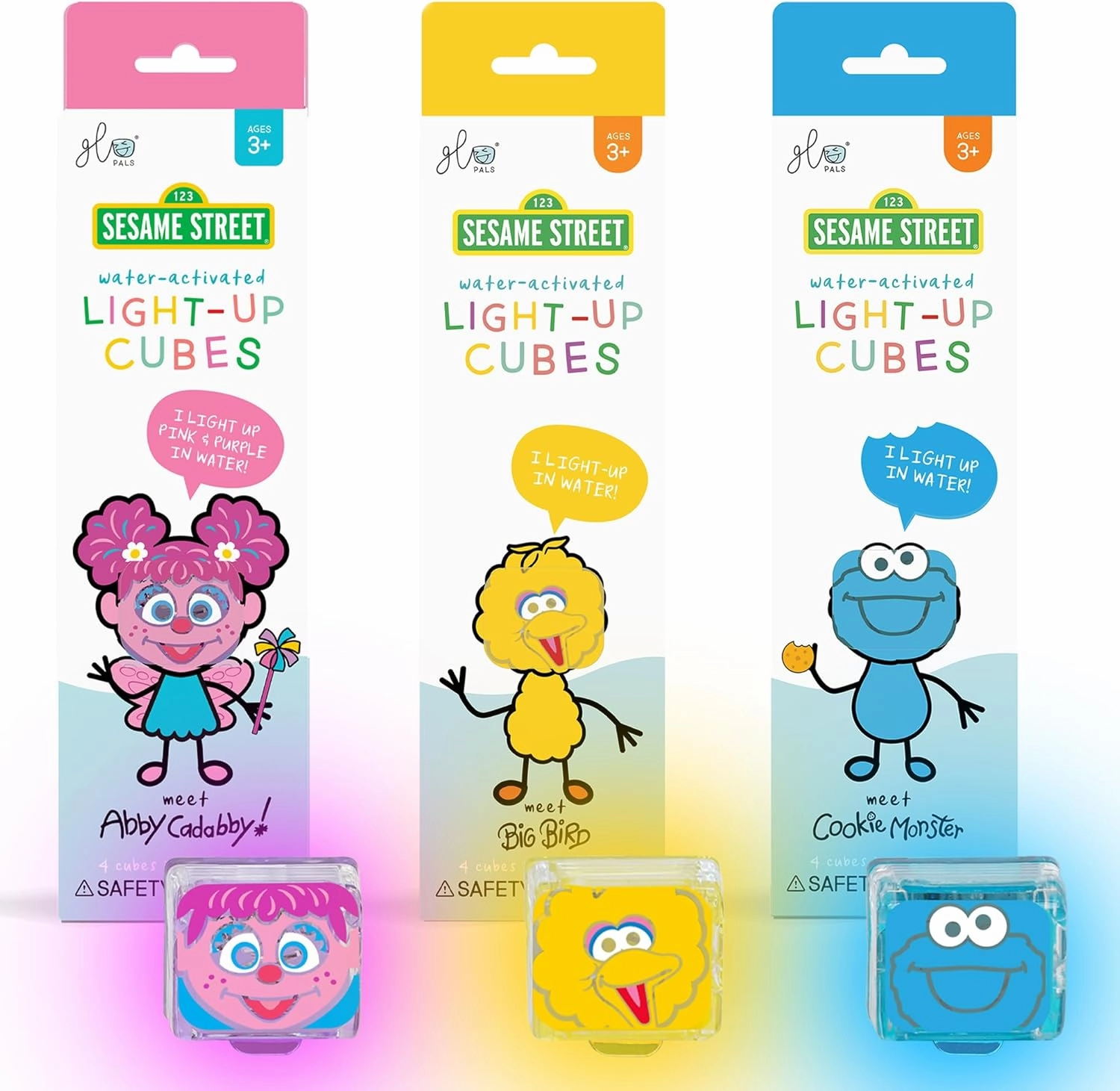 Glo Pals x Sesame Street Water-Activated Light-Up Cubes Bundle for Sensory Play - 12 Packs (Easy as A,B,C – Abby Cadabby, Big Bird   Cookie Monster)
