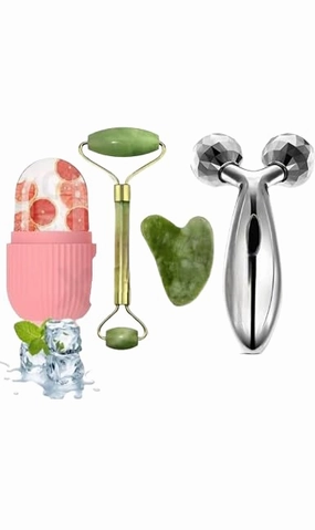 Glowhouse Ice Roller,Face Stone Roller Massager with Gua Sha Jade Roller Stone and 3D Massager Roller Set Facial Combo For Skin Eye Body Ice Cube Roller Women Men Reusable