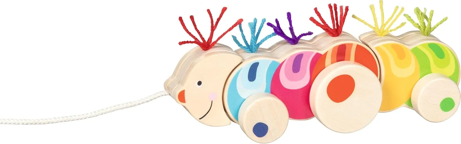 goki Papilio 54855 Wooden Caterpillar Pull Toy in Cute Caterpillar Design and Fun Caterpillar Trail, Ideal for Beginners to Practice Coordination, 25 cm x 6 cm x 9 cm, from 2 Years