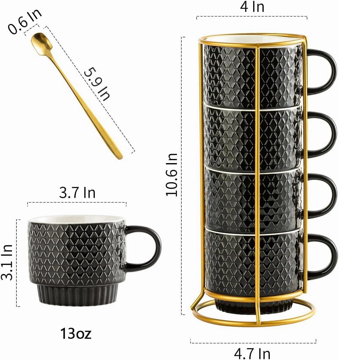 Gomakren Coffee Mugs Set of 4, 13 Ounce Stackable Coffee Mug Set with Stand, Stoneware Coffee Cup with Spoon for Coffee, Milk, Tea, Cocoa, Black