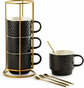 Gomakren Coffee Mugs Set of 4, 13 Ounce Stackable Coffee Mug Set with Stand, Stoneware Coffee Cup with Spoon for Coffee, Milk, Tea, Cocoa, Black