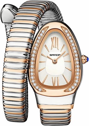 Gosasa Stylish Women's Snake Shape Bangle Watch Unique Design Snake Coil Elegant Dress Diamond Bracelet Ladies Quartz Wristwatch with Roman Numerals Dial