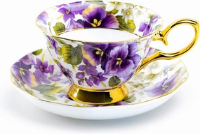Grace Teaware Purple Pansy Gold Bone China Tea Cup and Saucer with Gold Trim
