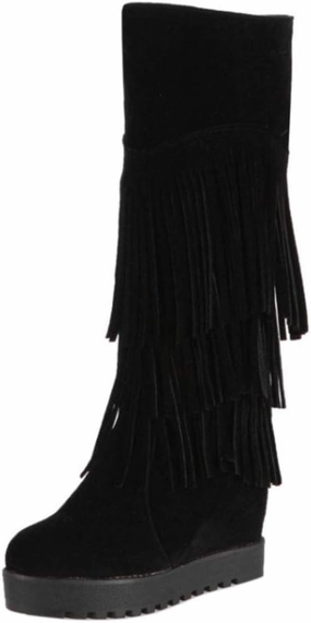 Gracemee Women Classic Wedges Heels Fringe Knee High Boots Pull On