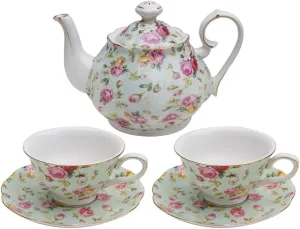 Gracie China by Coastline Imports Blue Cottage Rose Chintz 5-Piece Porcelain Tea Set, 7 fluid ounces