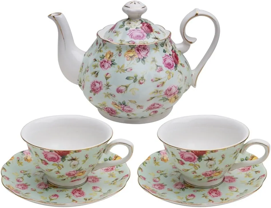 Gracie China by Coastline Imports Blue Cottage Rose Chintz 5-Piece Porcelain Tea Set, 7 fluid ounces