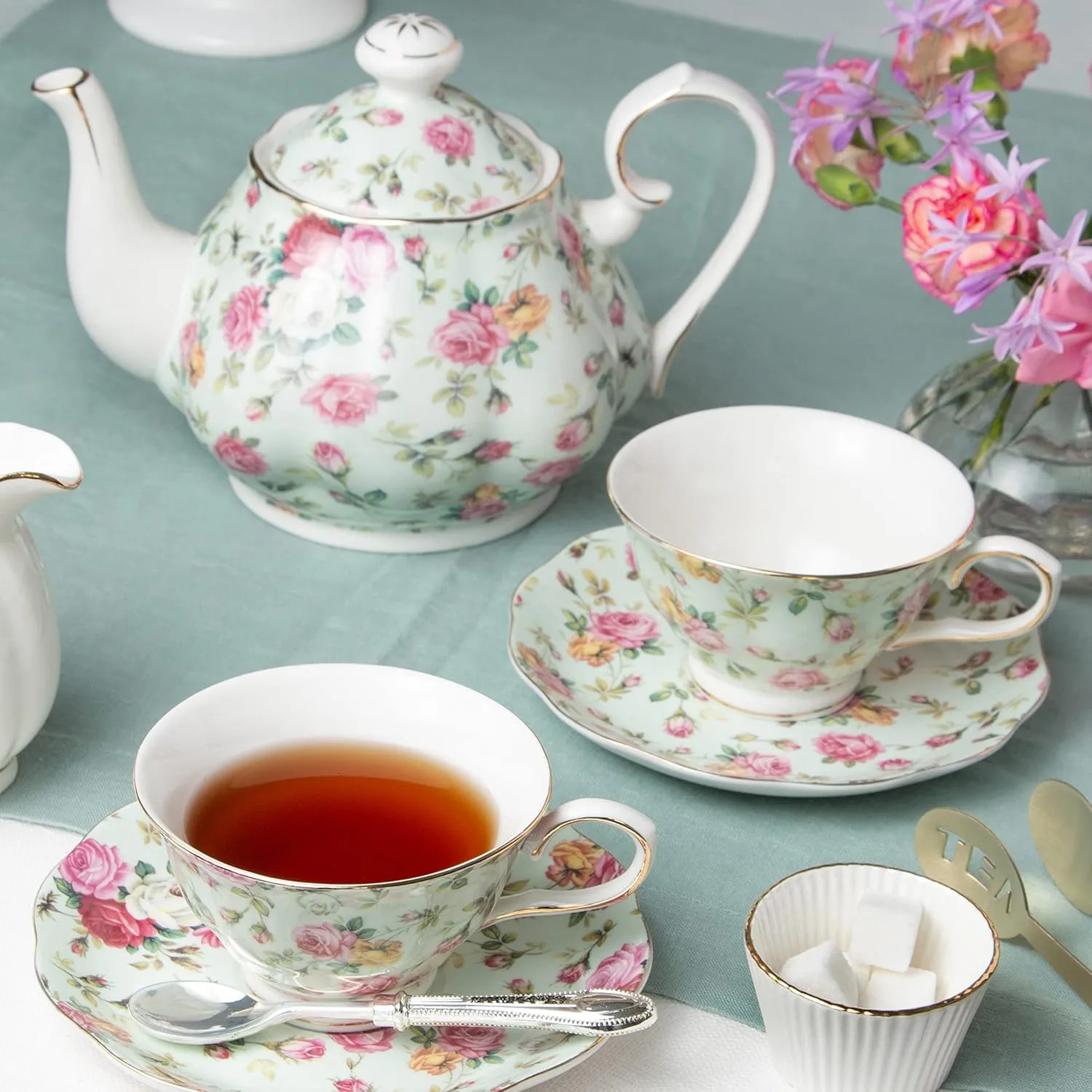 Gracie China by Coastline Imports Blue Cottage Rose Chintz 5-Piece Porcelain Tea Set, 7 fluid ounces