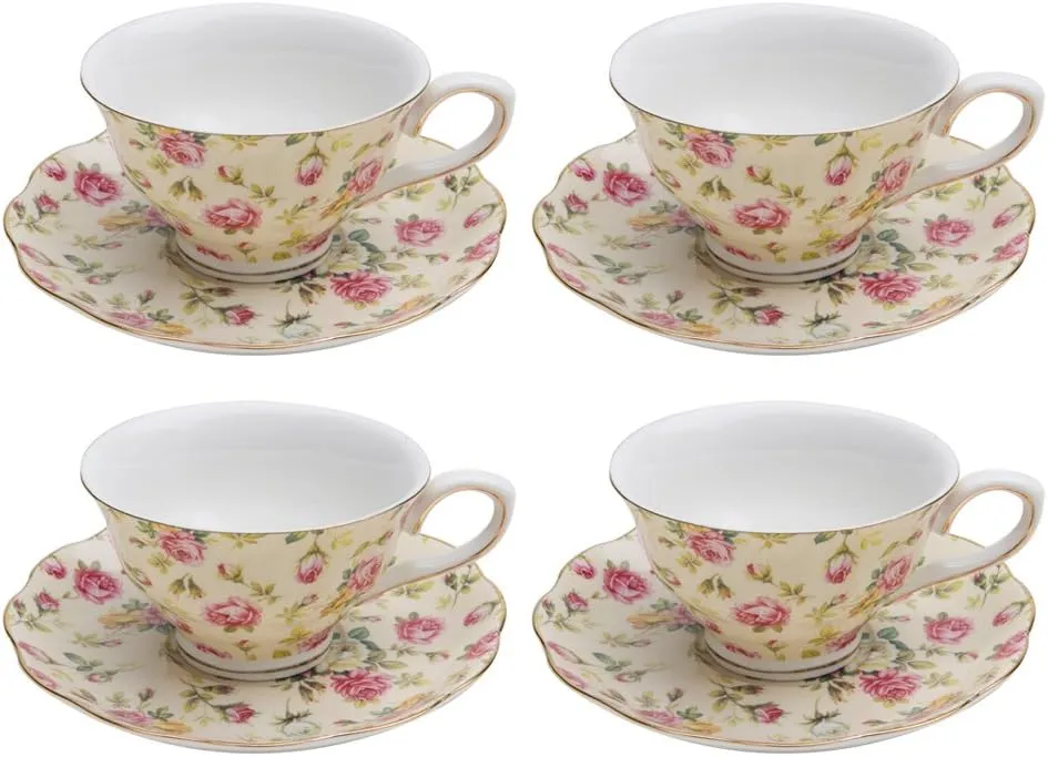Gracie China Rose Chintz Porcelain 7-Ounce Tea Cup and Saucer Set of 4, Cream Cottage Rose