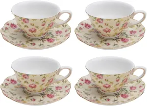 Gracie China Rose Chintz Porcelain 7-Ounce Tea Cup and Saucer Set of 4, Cream Cottage Rose