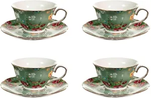 Gracie China Shabby Rose Porcelain 7-Ounce Tea Cup and Saucer Set of 4, Shabby Rose Green