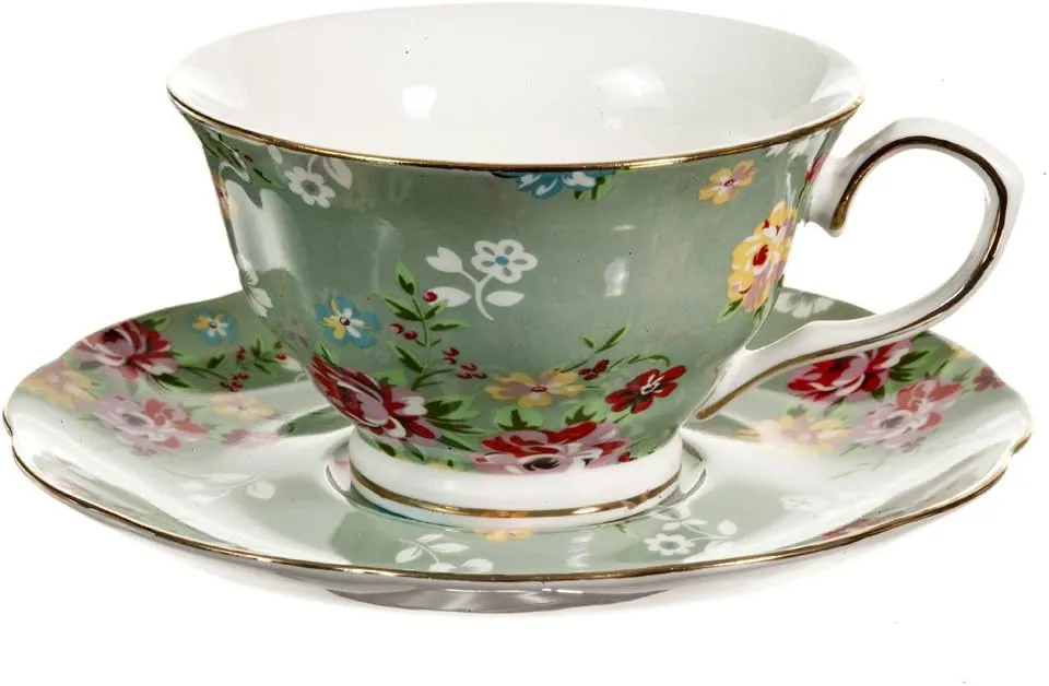 Gracie China Shabby Rose Porcelain 7-Ounce Tea Cup and Saucer Set of 4, Shabby Rose Green