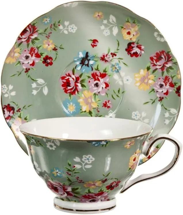 Gracie China Shabby Rose Porcelain 7-Ounce Tea Cup and Saucer Set of 4, Shabby Rose Green