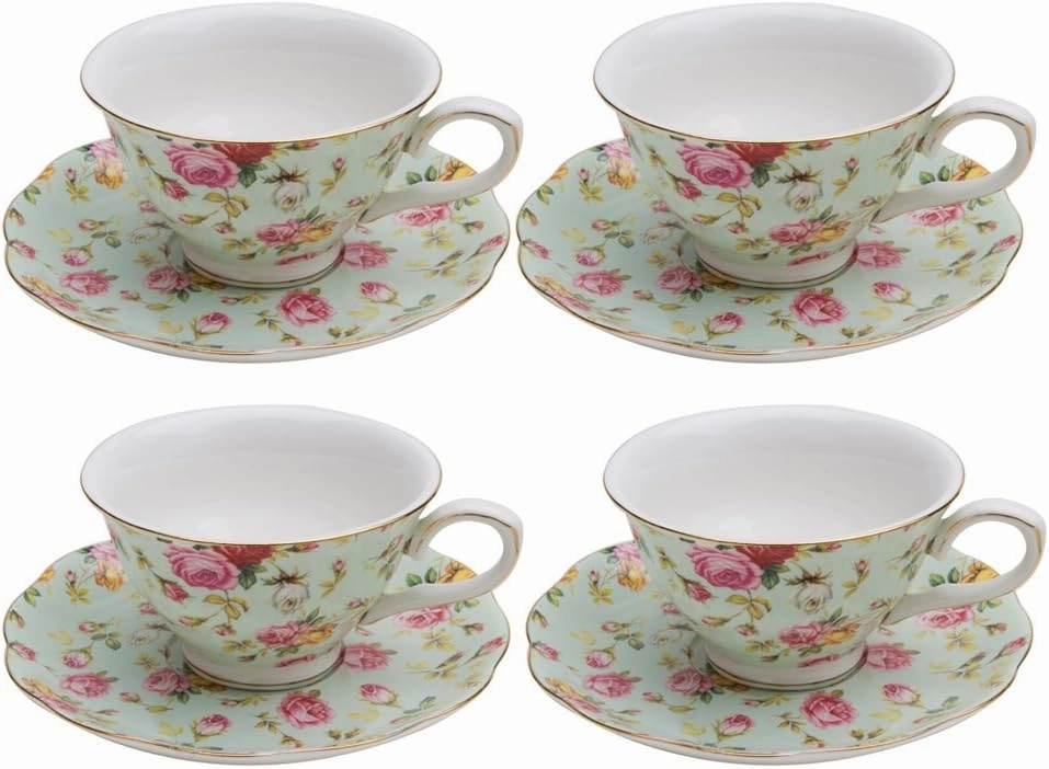 Gracie China Rose Chintz Porcelain 7-Ounce Tea Cup and Saucer Set of 4, Blue Cottage Rose