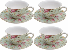 Gracie China Rose Chintz Porcelain 7-Ounce Tea Cup and Saucer Set of 4, Blue Cottage Rose