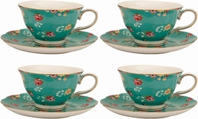 Gracie China Shabby Rose Porcelain 7-Ounce Tea Cup and Saucer Set of 4, Shabby Rose Teal