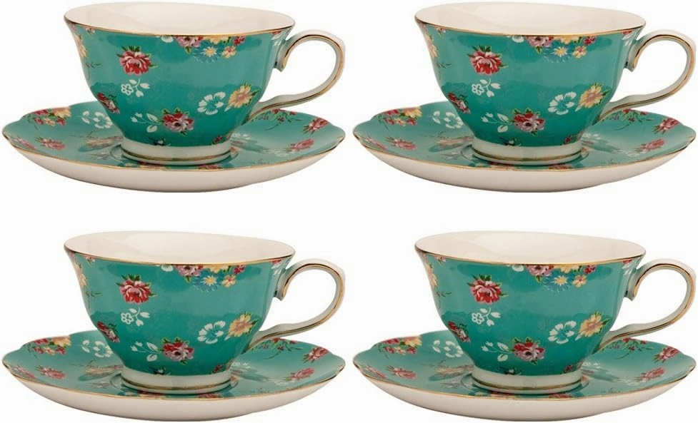 Gracie China Shabby Rose Porcelain 7-Ounce Tea Cup and Saucer Set of 4, Shabby Rose Teal